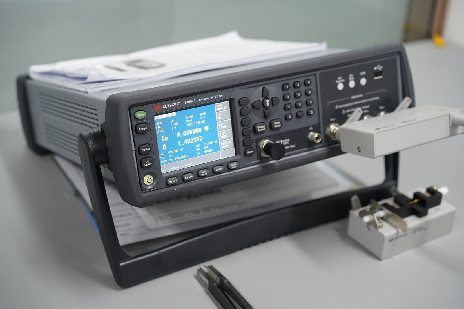 Keysight E4980A LCR meter for electrical performance testing at partner lab