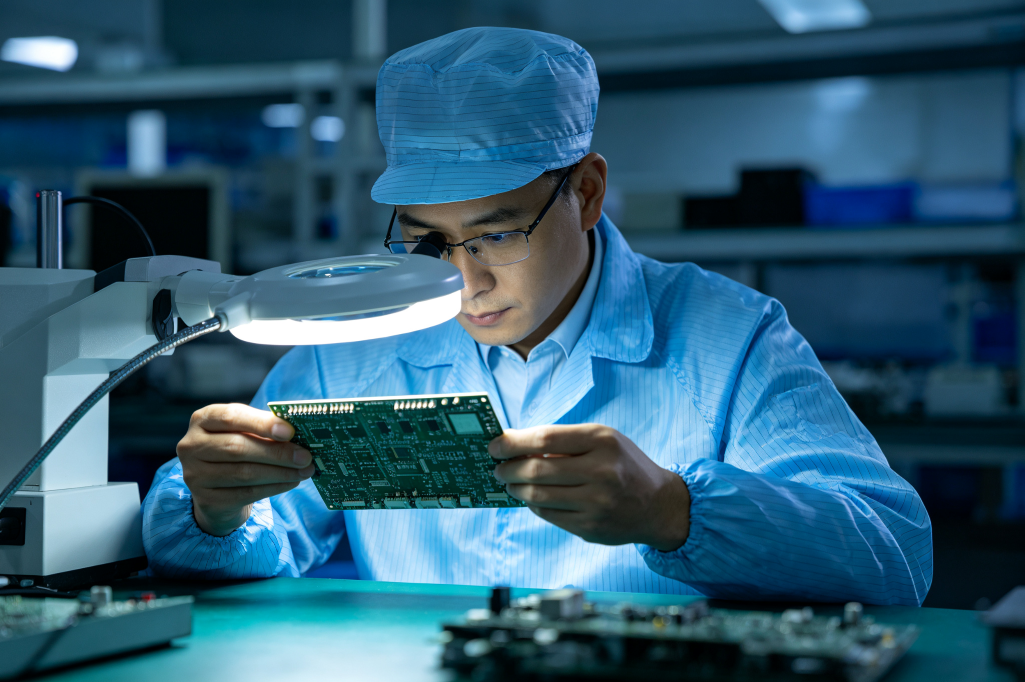 Quality control engineer inspecting PCB board